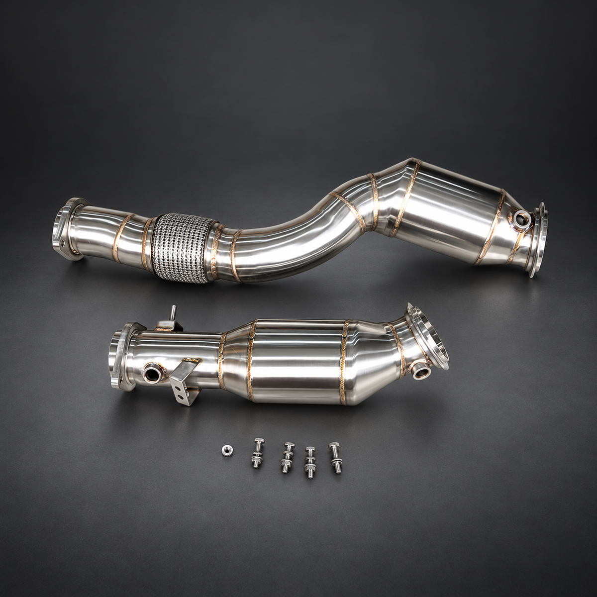 VCTR Performance BMW M3 G80 / M4 G82 S58 Catted Downpipe Kit — Flex Section — studio view 2