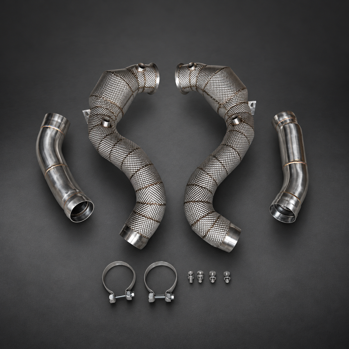 VCTR Performance Mercedes-AMG C63 W205 Catted Downpipe Kit — Heat Shield — studio view 1