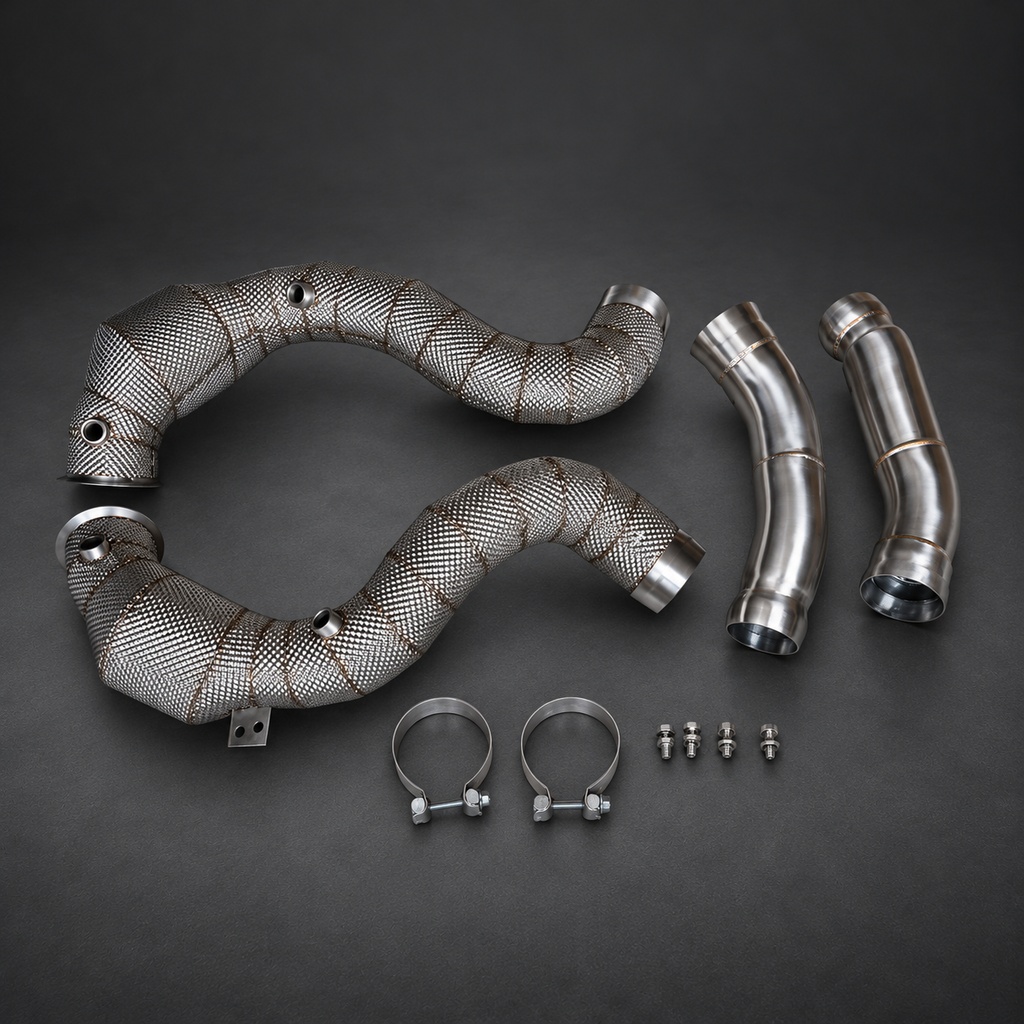 VCTR Performance Mercedes-AMG C63 W205 Catted Downpipe Kit — Heat Shield — studio view 3
